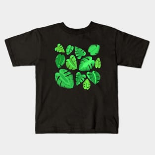 Monstera Plant Leaf Pattern (Black Background) Kids T-Shirt